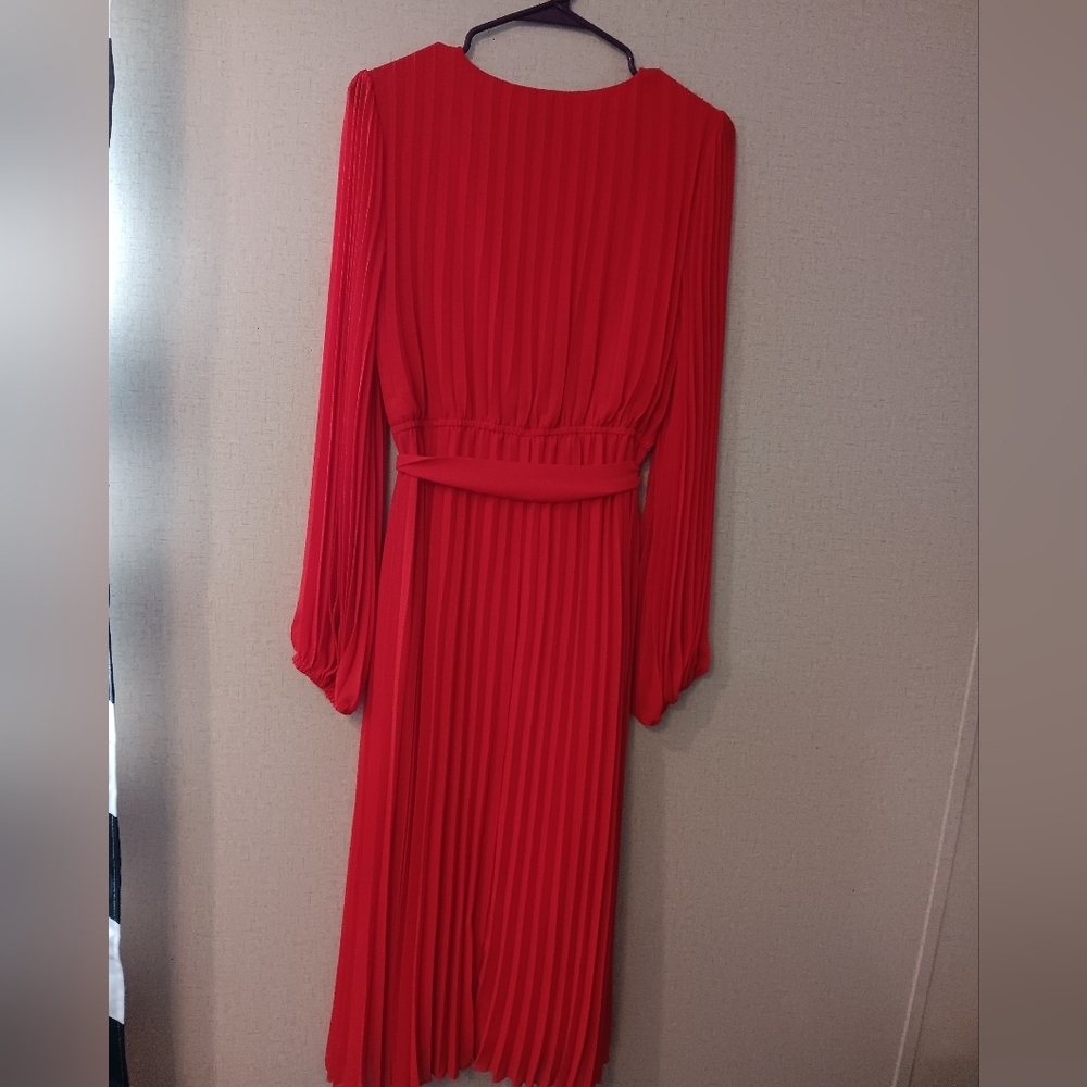 Sam Edelman Chiffon V-Neck Long Sleeve Pleated A-Line Midi Dress In Color Red - Picture 5 of 5